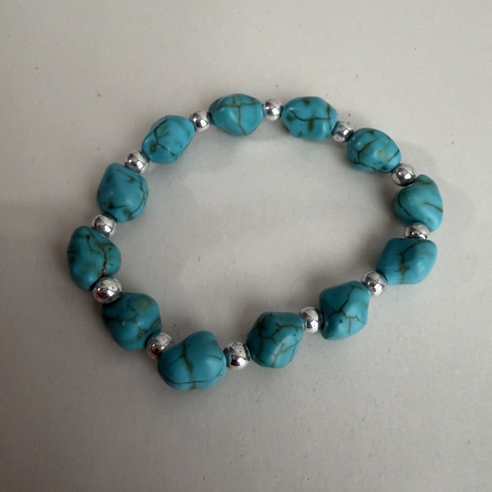 Faux Turquoise Blue Silver Stone Elastic Bracelet Rodeo Festival Western Cowgirl